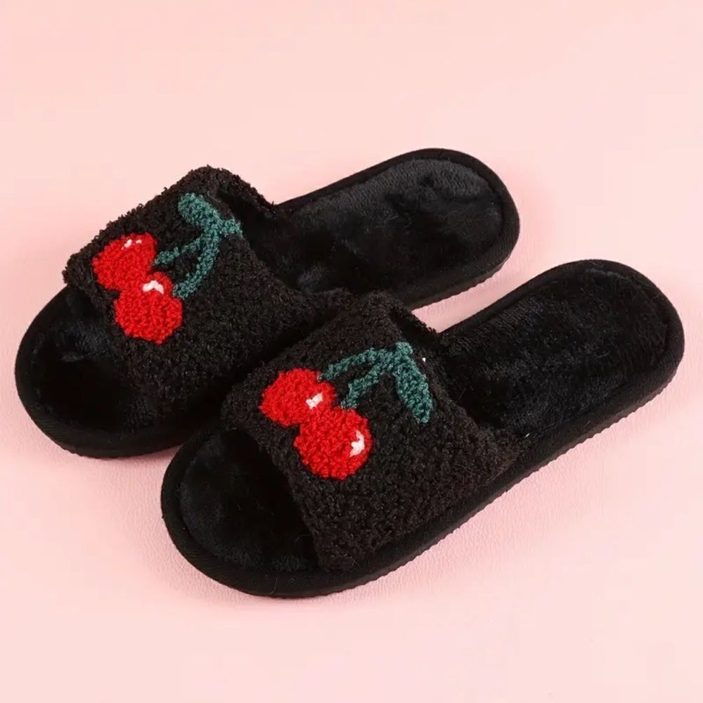 Black Plush Slippers with Cherry Embroidery